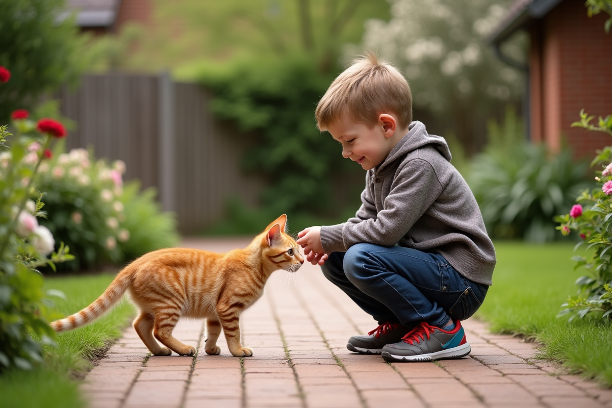 Garçon aidant un chat roux à sortir dans le jardin