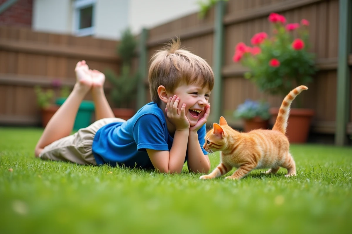 Garçon jouant avec un chat dans le jardin