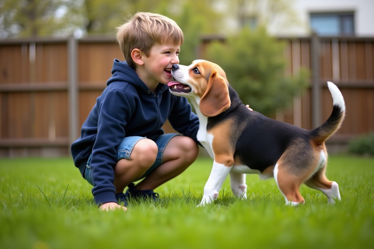 Garçon joue avec un chiot beagle dans le jardin