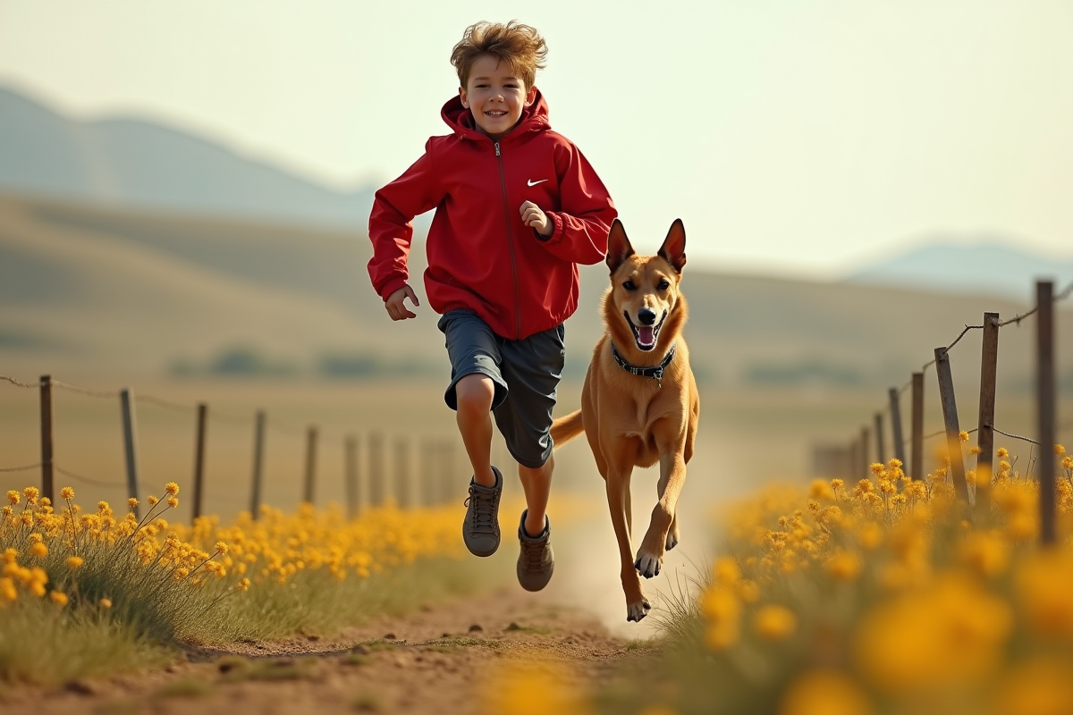 Adolescent courant avec un saluki dans un champ en plein air