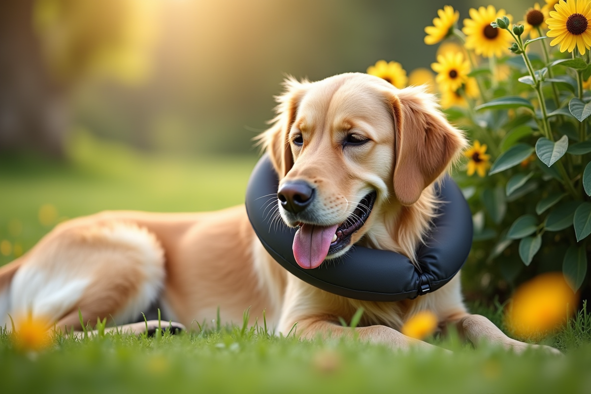 Golden retriever reposant dans un jardin en fleurs avec collier gonflable