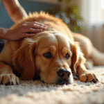 Golden Retriever senior reposant sur un tapis chaleureux