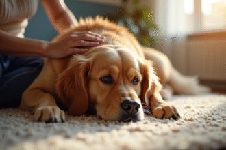 Golden Retriever senior reposant sur un tapis chaleureux