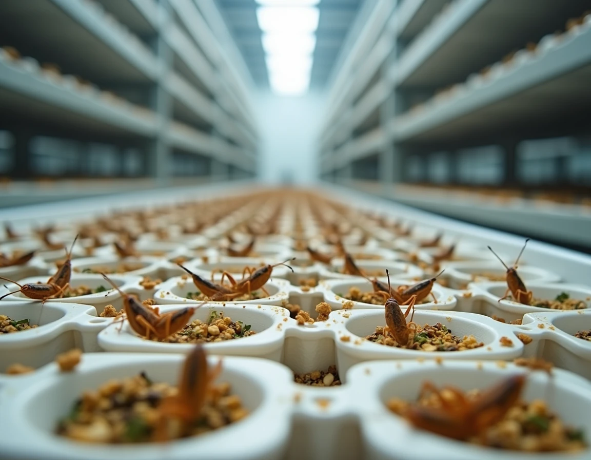 Grillons d'élevage dans un bac d'insectarium avec alimentation composée de céréales et légumes déshydratés
