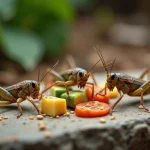 Grillons sauvages se nourrissant de légumes et graines sur une surface rocheuse naturelle en extérieur