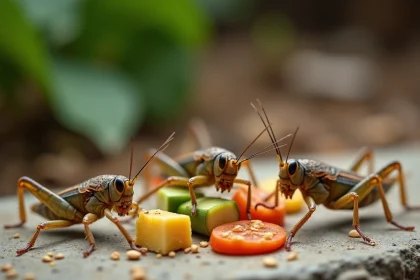 Grillons sauvages se nourrissant de légumes et graines sur une surface rocheuse naturelle en extérieur