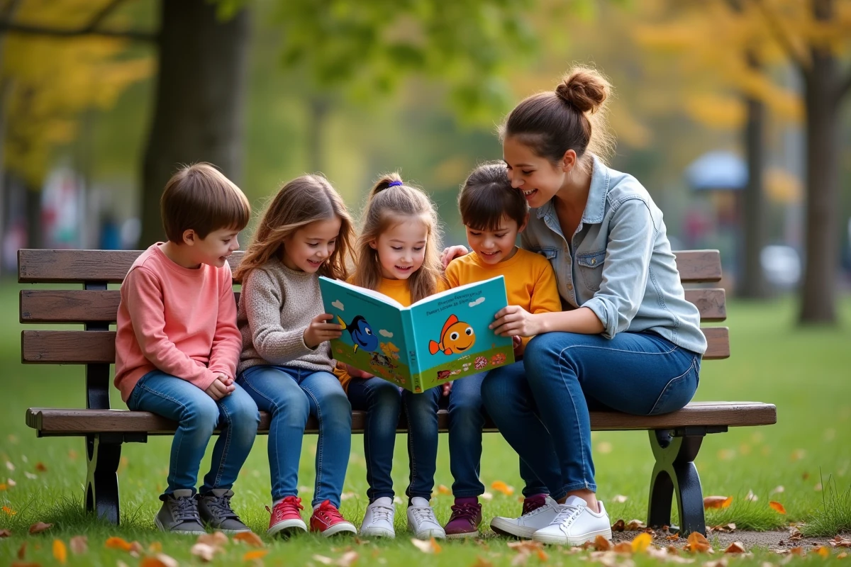 Groupe d enfants lisant un livre dans un parc urbain