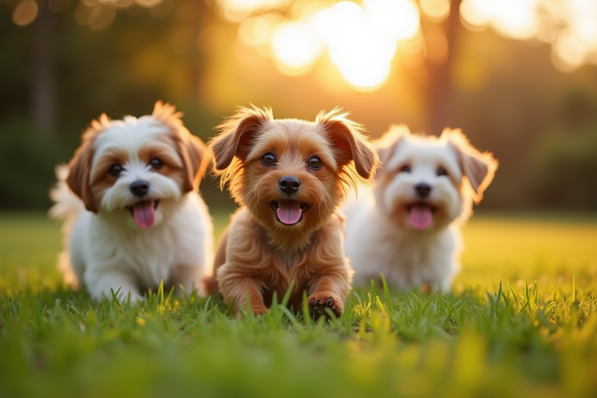 Différentes races de chiens jouant ensemble dans l