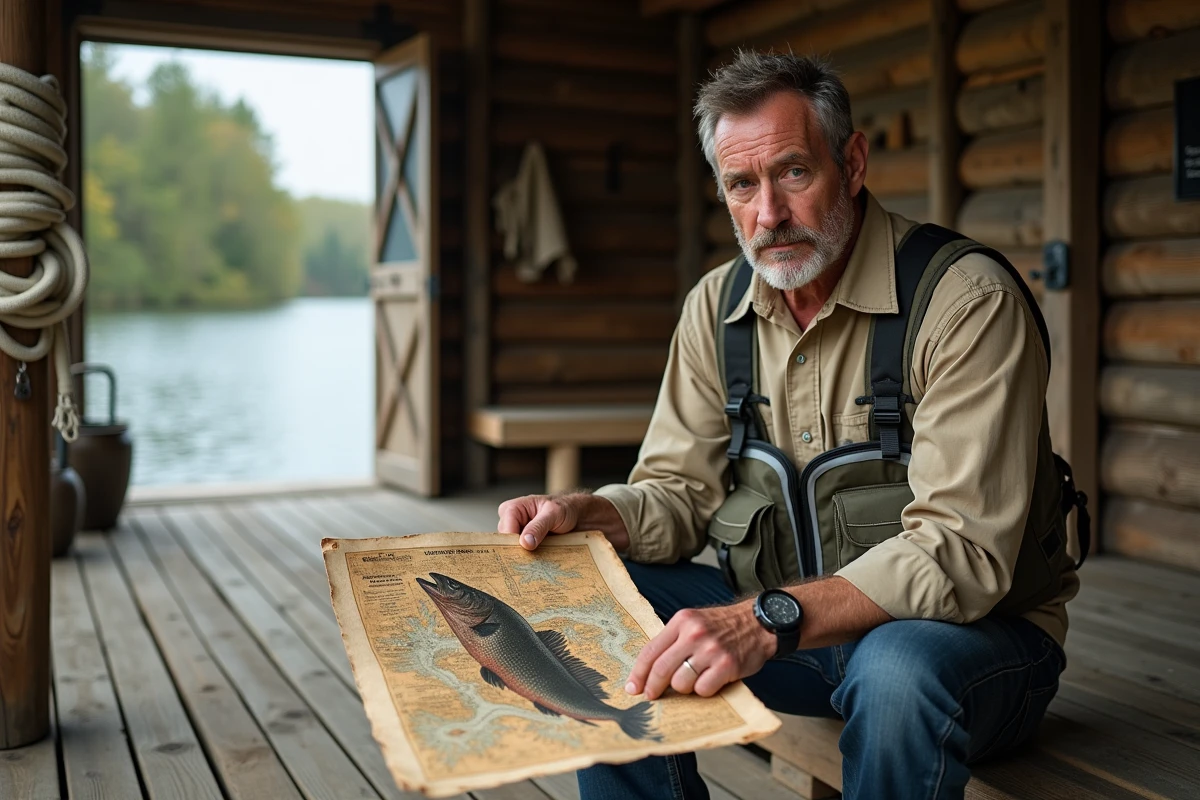 Guide de pêche professionnel analysant une photo d'un silure record dans un lodge fluvial, illustrant l'expertise derrière les captures exceptionnelles