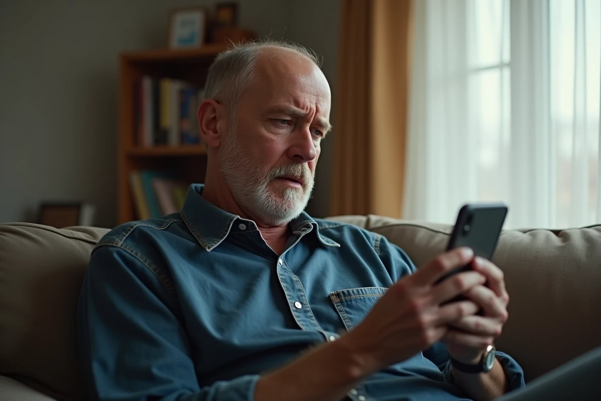 Homme d'âge mûr consultan une conversation suspecte sur smartphone, illustrant les arnaques potentielles sur les sites de chat comme Aplouf.com