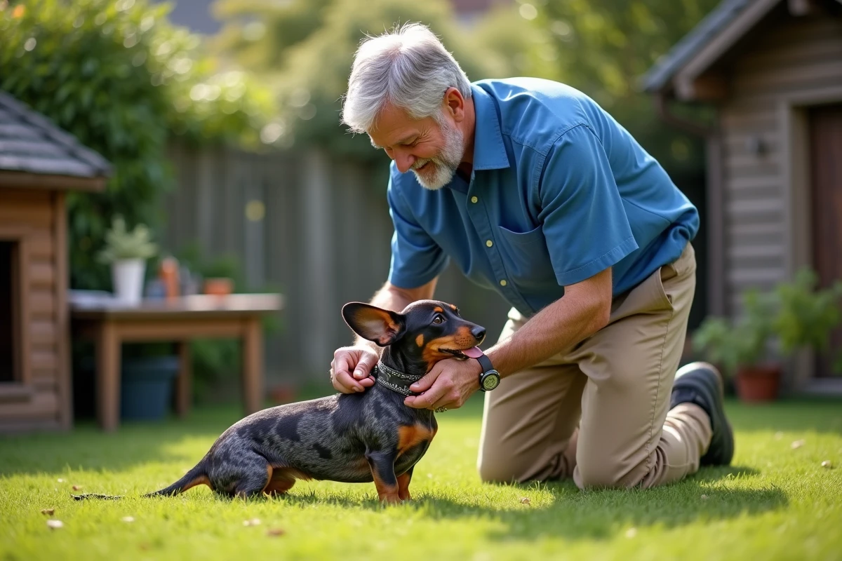Homme dans le jardin attache un collier à un chien dachshund