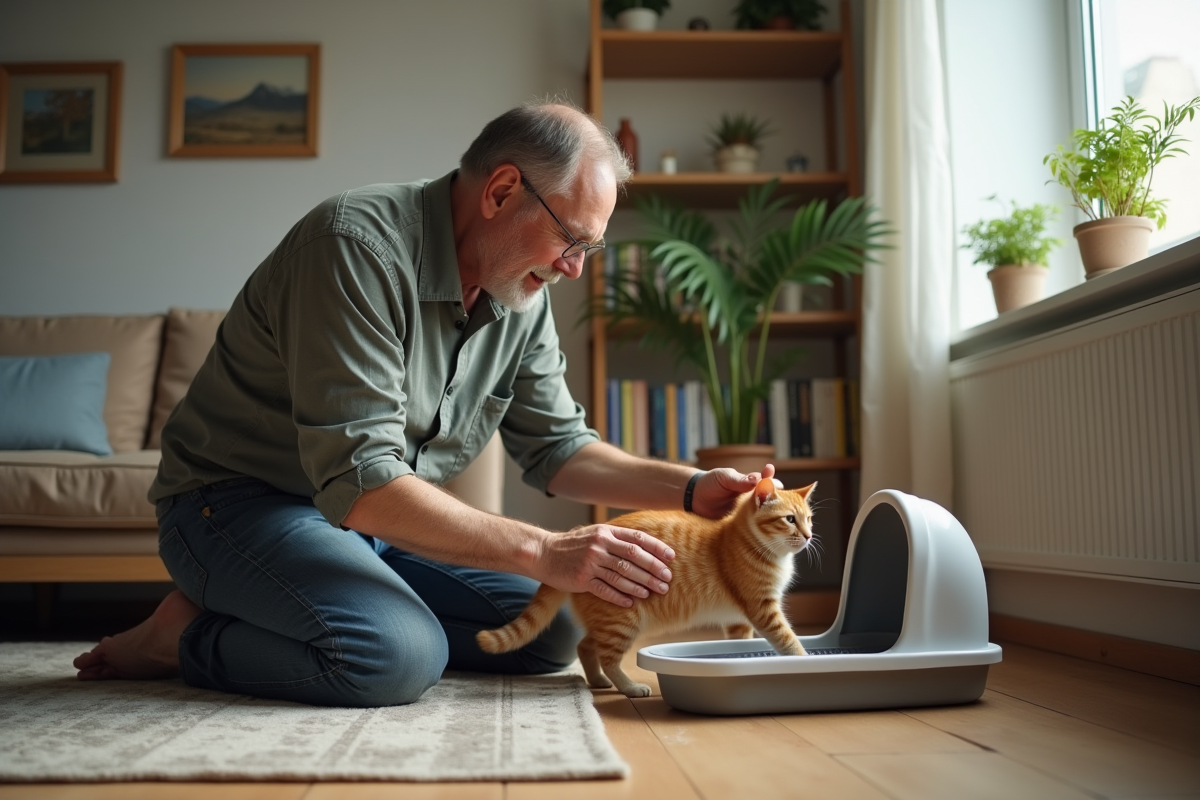 Homme assis avec un chat ginger apres urination sur le sol en bois