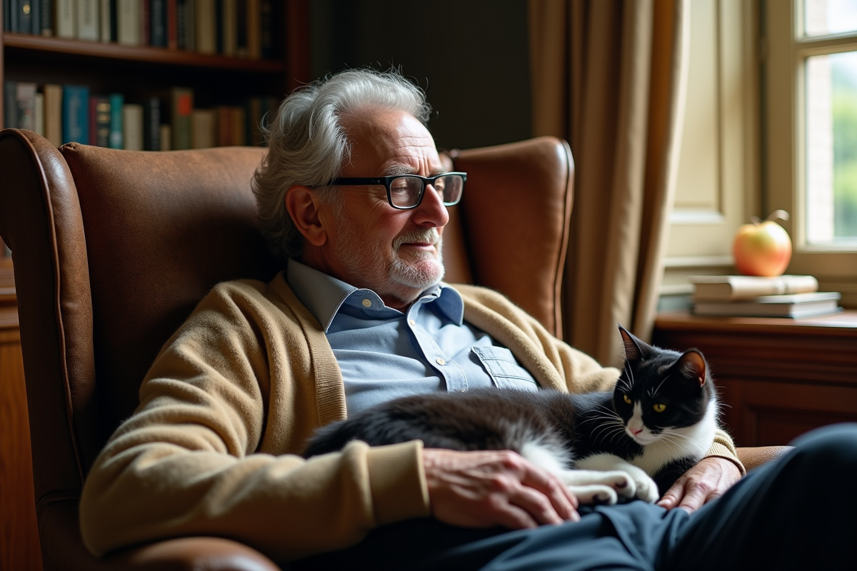 Homme âgé avec chat dans une bibliothèque chaleureuse