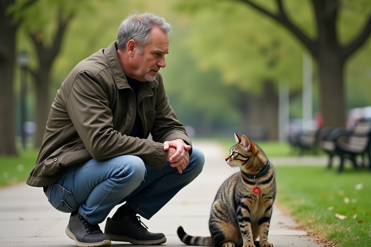 Homme avec chat tigré dans un parc urbain