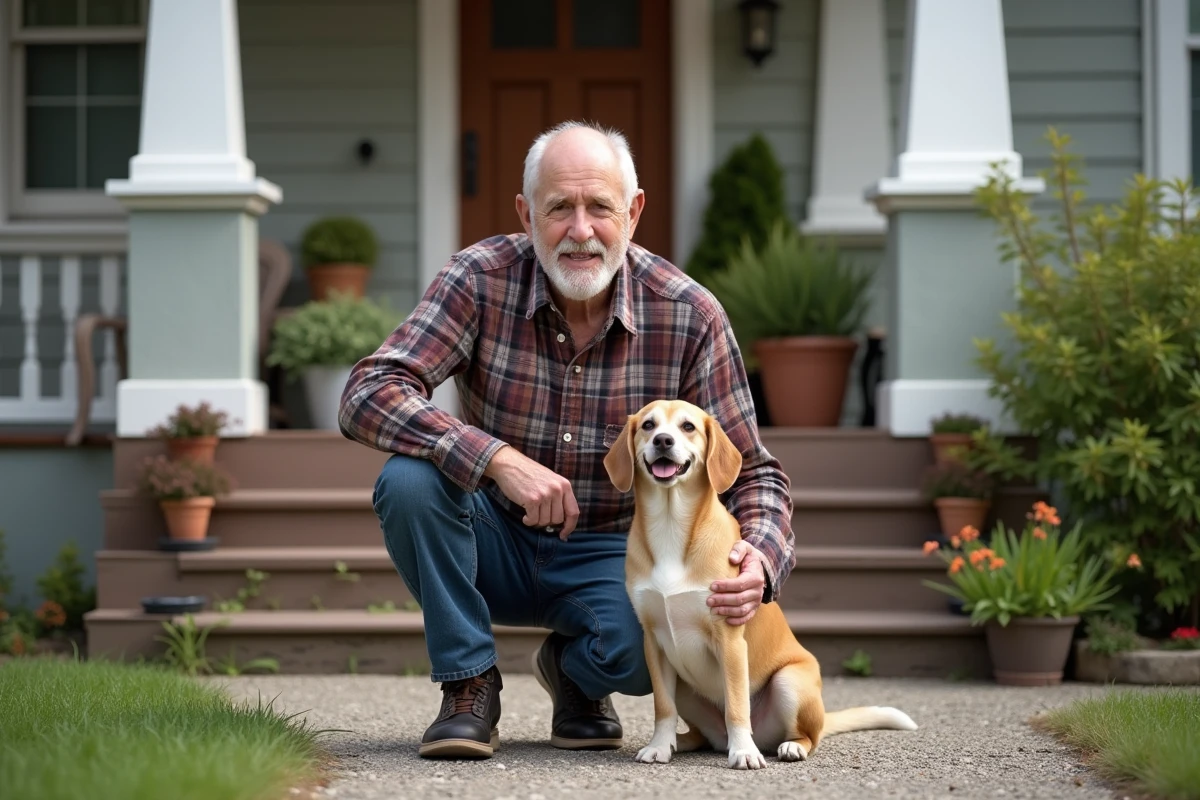 Homme avec chien devant sa maison dans un cadre suburbain