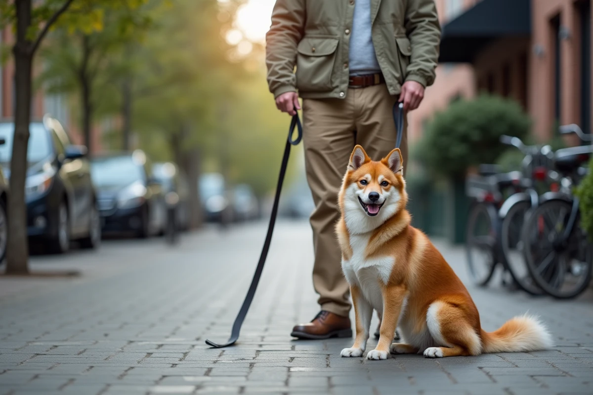 Homme avec un Pomsky adulte dans une rue urbaine