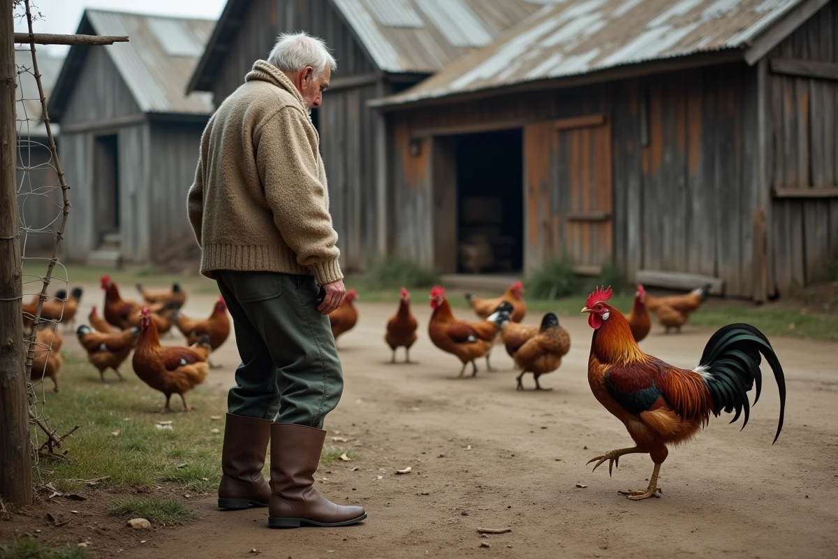 Homme âgé observant un coq dans la ferme rurale