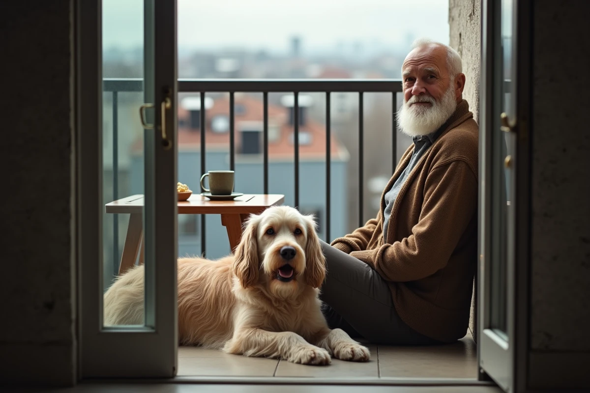 Homme âgé avec chien sur un balcon urbain