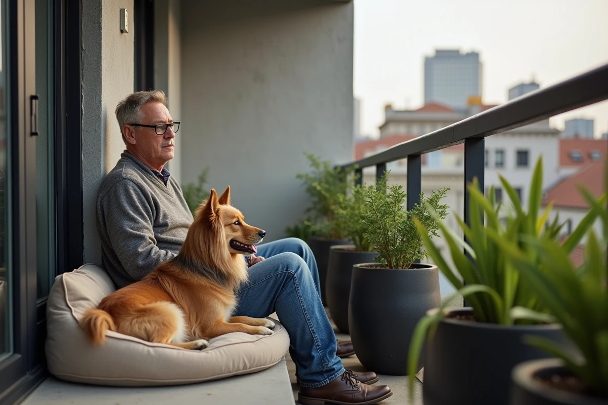 Homme relaxe sur balcon avec chien Tequel vue sur la ville