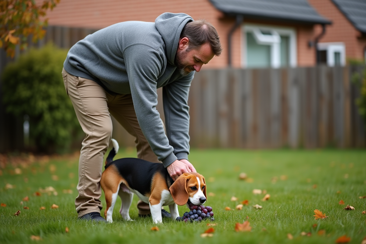 Homme avec chien dans jardin avec des grappes de raisin par terre