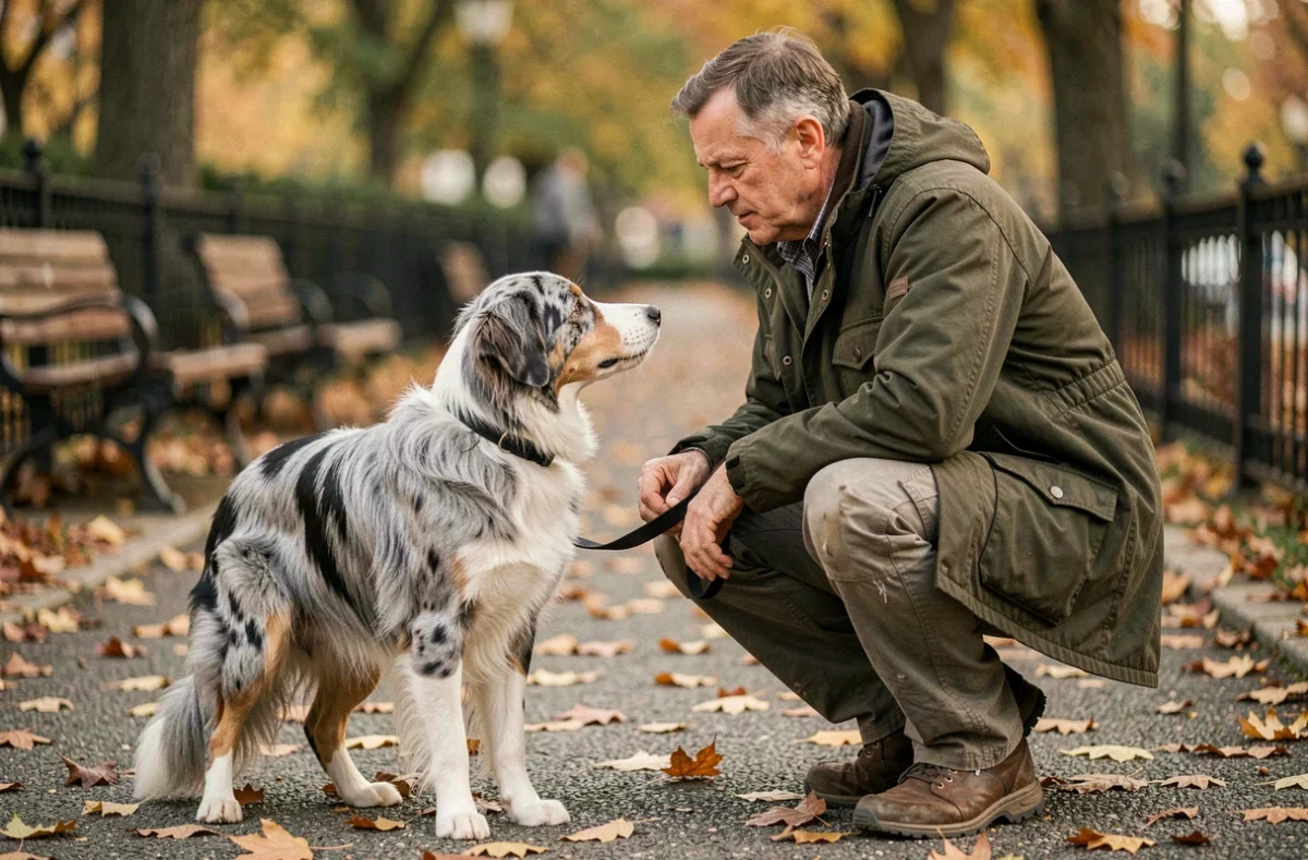 Homme en parc urbain automnal faisant connaissance avec un Border Collie poil ras bleu merle en laisse