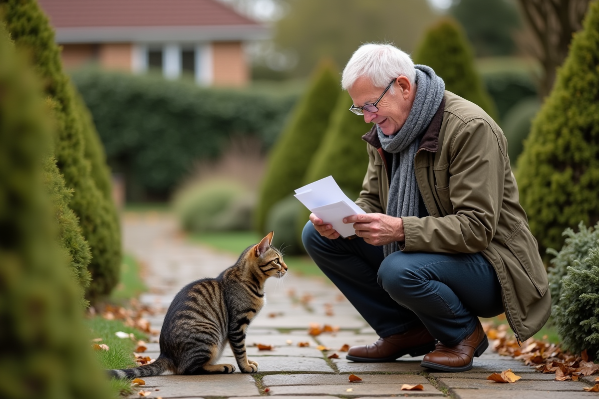 Homme avec chat dans un jardin en automne
