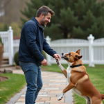 Homme surpris saluant un chien dans un jardin résidentiel