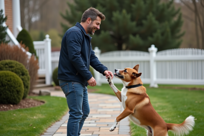 Homme surpris saluant un chien dans un jardin résidentiel