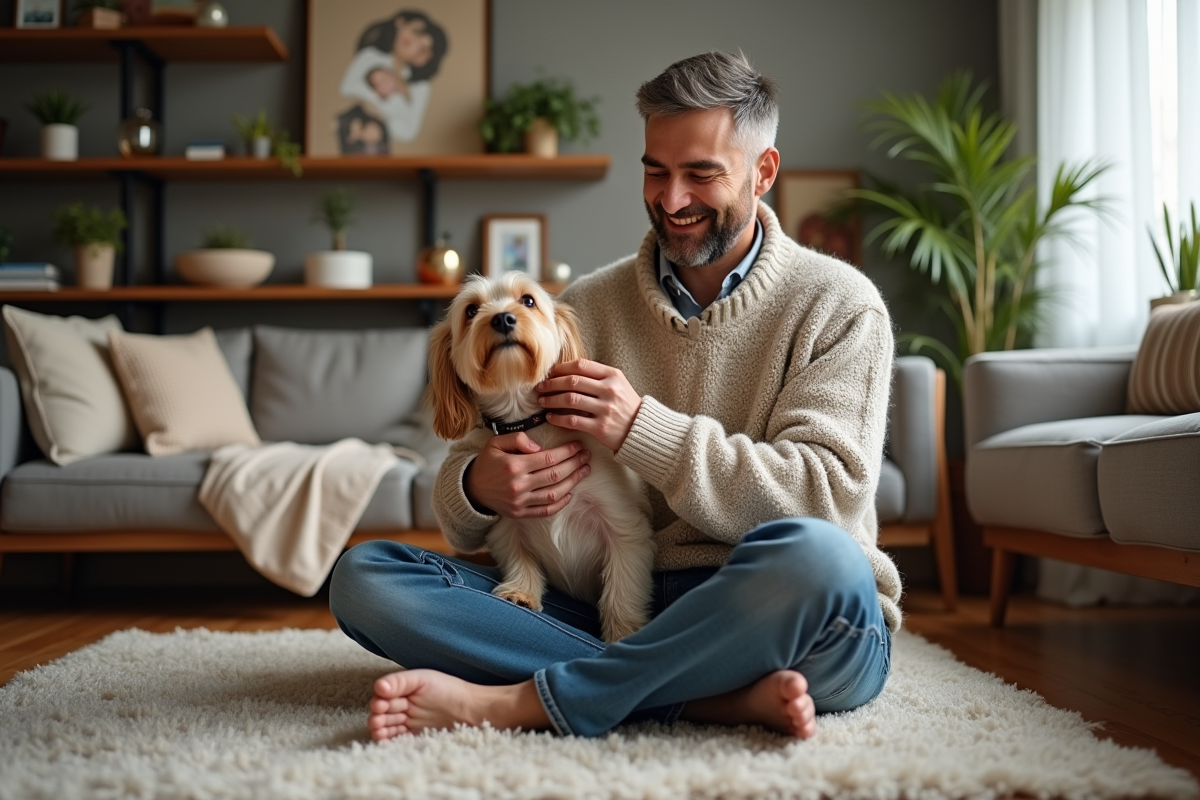 Homme souriant caressant son chien dans le salon
