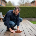 Homme en jeans et pull bleu regardant une déjection sur la terrasse