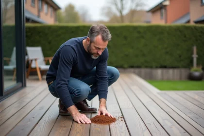 Homme en jeans et pull bleu regardant une déjection sur la terrasse