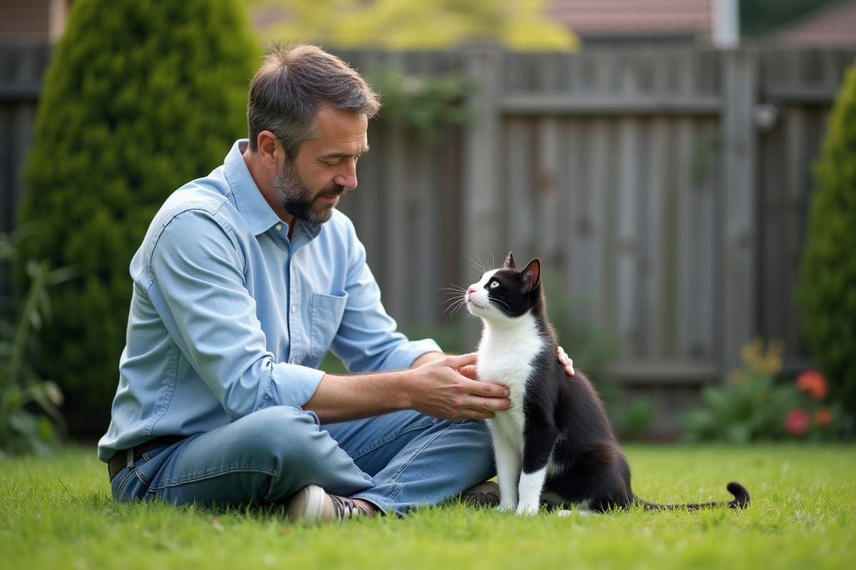 Homme jouant avec un chat noir blanc dans le jardin