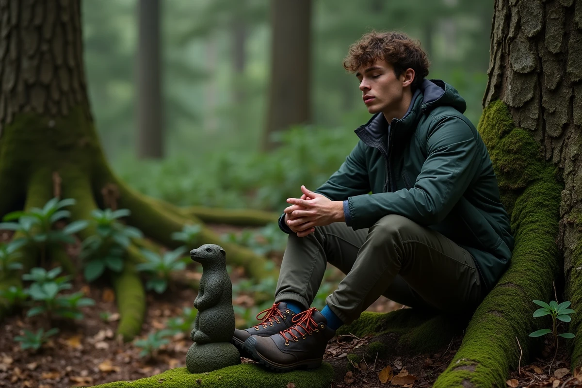 Jeune homme en forêt avec totem en pierre et nature environnante