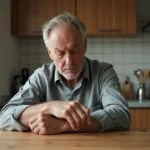 Homme d'âge moyen examine une tache rouge sur son bras dans la cuisine