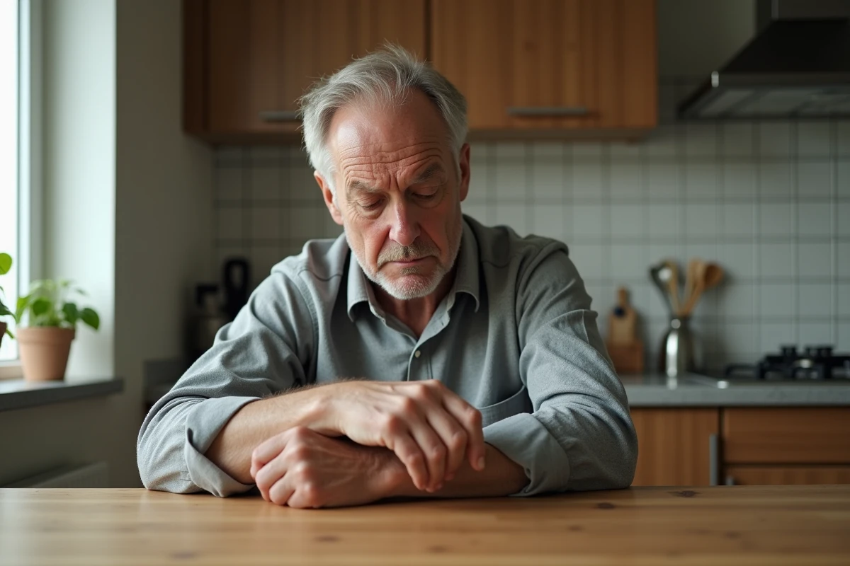 Homme d'âge moyen examine une tache rouge sur son bras dans la cuisine