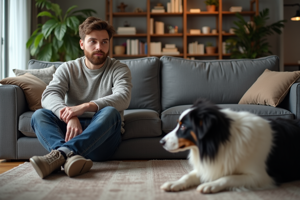Jeune homme regardant un border collie inquiet sur le sol