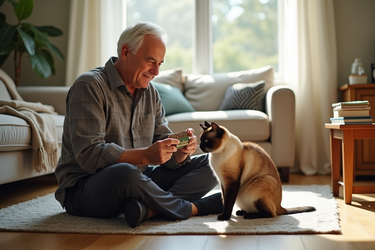 Homme âgé caressant son chat dans le salon ensoleille