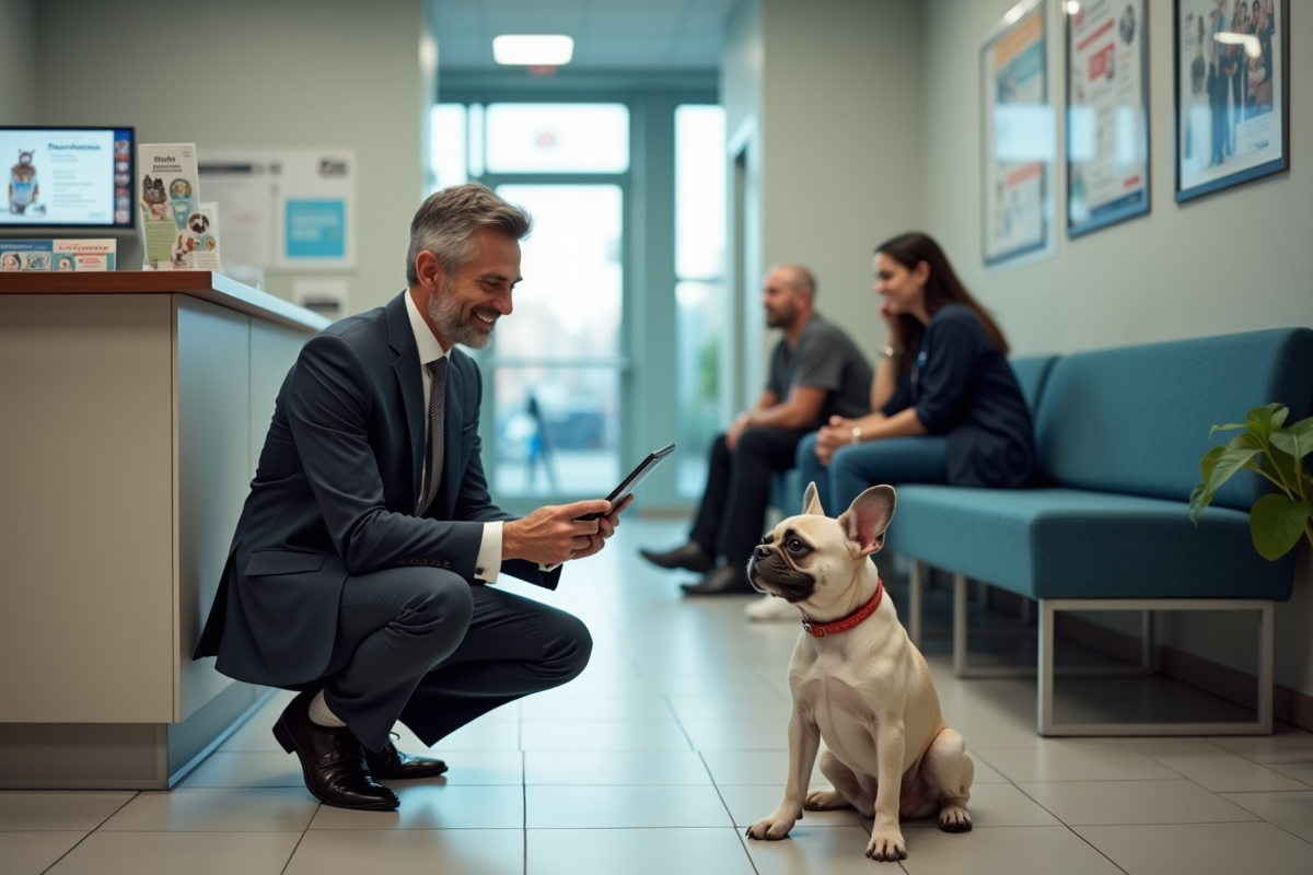 Homme en costume avec un bouledogue chez le veterinaire