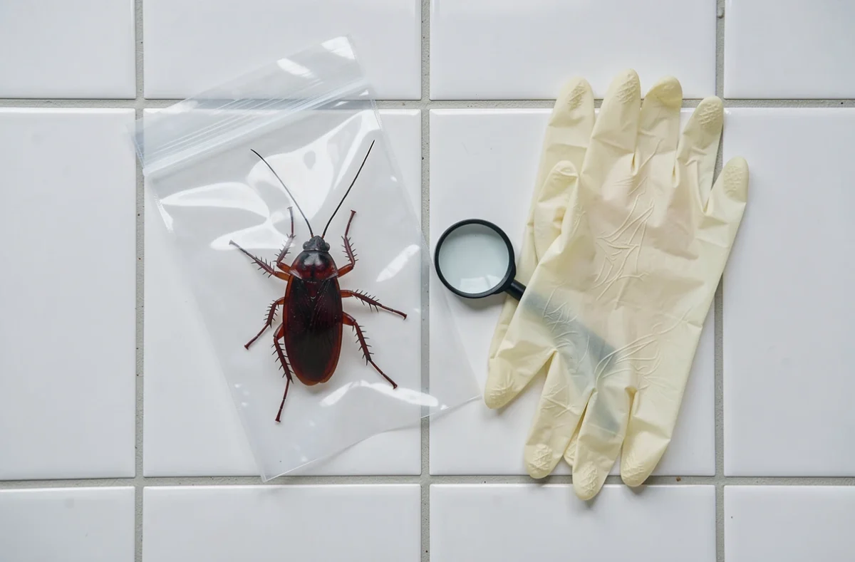 Insecte type cafard capturé dans un sachet plastique transparent posé sur des carreaux blancs avec gants et loupe