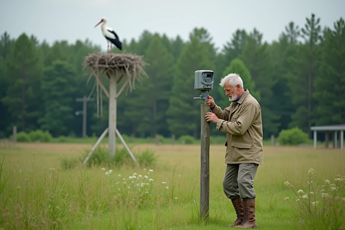Un naturaliste installe une caméra de surveillance animalière près d'un nid de cigognes sur un poteau dans une prairie verdoyante
