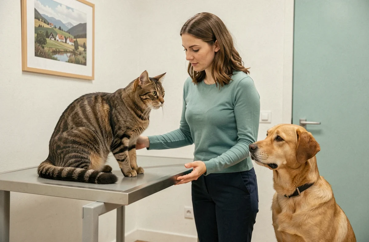 Spécialiste d'Instinct Bien-être Animal consultant simultanément un chat tigré et un chien dans son cabinet à Colmar
