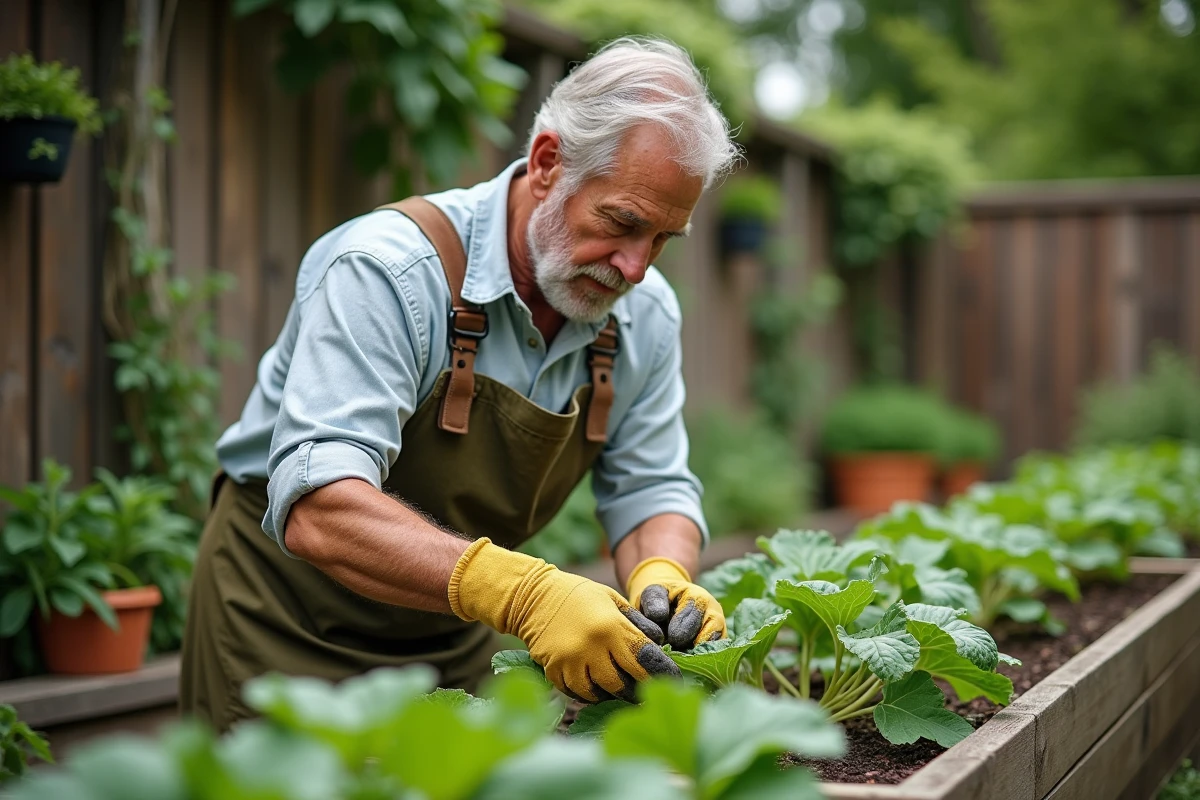 Jardinier d'âge mûr inspectant le dessous d'une feuille de légume à la recherche d'insectes comme le perce-oreille dans un potager en bois