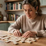 Femme jouant à un jeu de lettres avec des tuiles en bois formant des noms d'animaux sur une table en bois