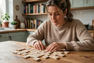 Femme jouant à un jeu de lettres avec des tuiles en bois formant des noms d'animaux sur une table en bois