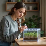 Jeune femme versant des fourmis dans un habitat en acrylique