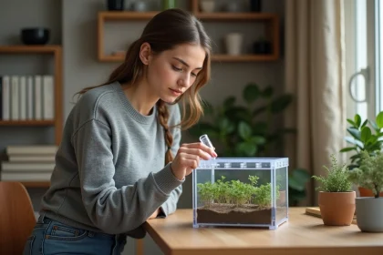 Jeune femme versant des fourmis dans un habitat en acrylique