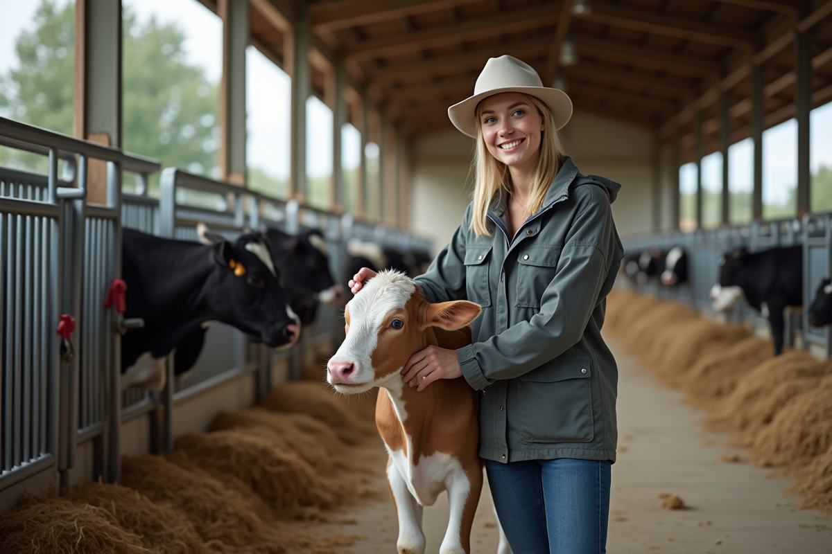 Jeune femme éleveuse dans une étable attachant un veau