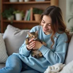 Jeune femme avec un chaton dans un salon chaleureux à Toulon