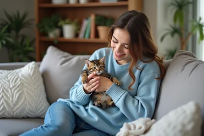 Jeune femme avec un chaton dans un salon chaleureux à Toulon