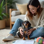 Jeune femme avec chien dachshund dans le salon